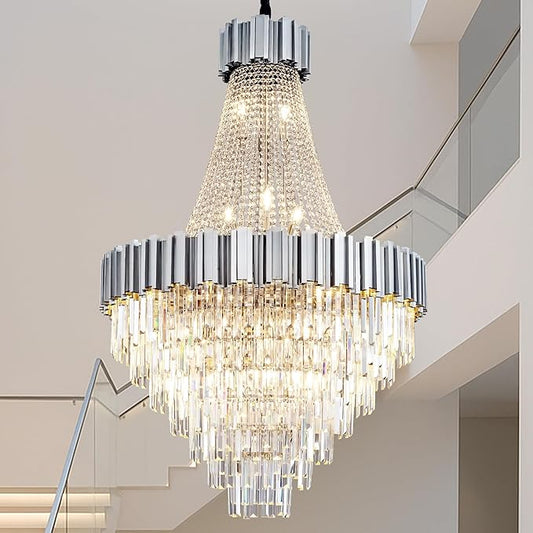 54" Long Crystal Chandelier for High Ceilings, 21-Light Modern Silver Large Chandeliers for Staircase Foyer Entryway Living Room Hallway, Luxury Top K9 Crystal Tiered Ceiling Light Fixture