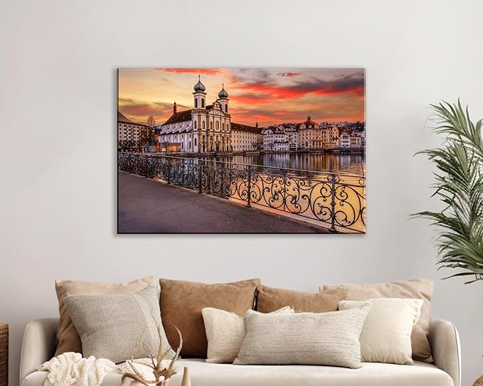 Mordern 1Pcs European Cityscape Canvas Wall Art Scenic Sunset Over River Cathedral with Domes Ready to Hang Architecture Romantic Travel Destination Decorative Framed Artwork for Living Rooms Bedrooms