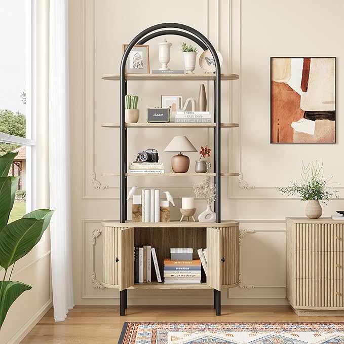 71" Tall Bookshelf, Bookcase, 4-Tier Book Shelf with Storage Cabinet, Curved Metal Frame Bookcase, Freestanding Industrial Storage Display Shelving for Living Room Office Bedroom, Natural