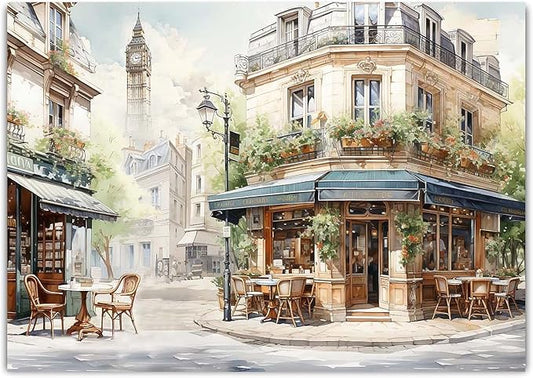 Modern Framed Street View Wall Art European Coffee Shop Canvas Print, Contemporary City Scene Painting, Vintage Cafe Artwork for Kitchen Dining Room Living Room, Bedroom Home Decor, Multi Size