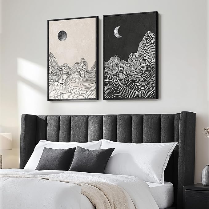 Large Framed Black and White Abstract Wall Art, Set of 2 Modern Canvas Prints Paintings Artwork for Walls, Abstract Mountain and Moon Pictures for Living Room, Bedroom, Dining Room Wall Decor 20x30 In