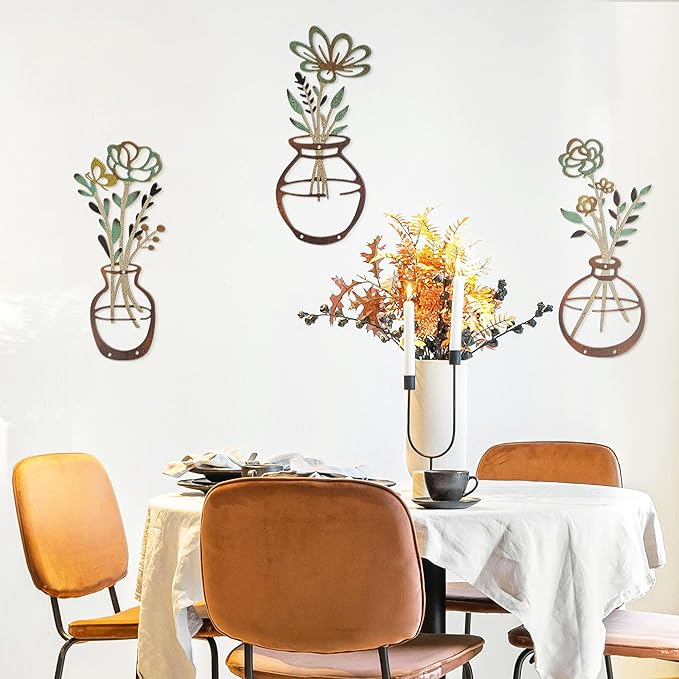 Mcdagogn 3 Pieces Metal Flowers Wall Decor - Rustic Farmhouse Wall Arts, Boho floral Minimalist Wall Decor for Living room Bathroom Bedroom laundry Room Kitchen Office - Housewarming Gifts