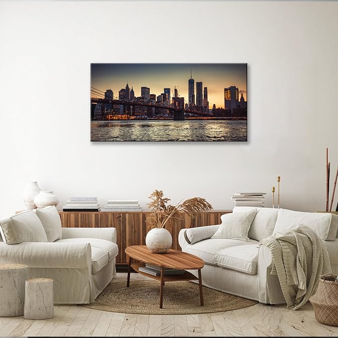 NAN Wind 1PCS New York City Skyline Canvas Wall Art Brooklyn Bridge at Sunset Golden Hour Manhattan Cityscape Pictures Canvas Artwork East River Reflection Modern Urban Home Decor Living Room Office