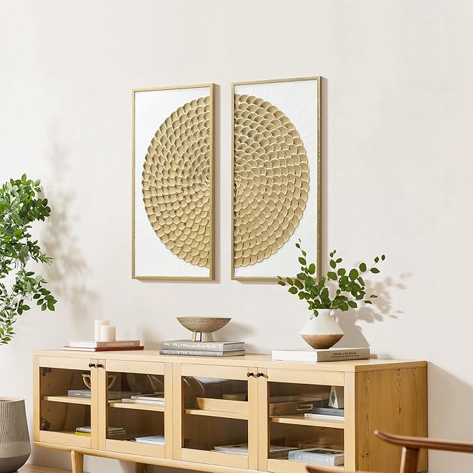 LuxenHome 34" Metal Wall Art, Set of 2 Living Room Gold Wall Decor, White & Distressed Metal Art Hanging Sculptures Decorations with Frame for Home, Bedroom, Entryway, Kitchen, Office, Dining Room