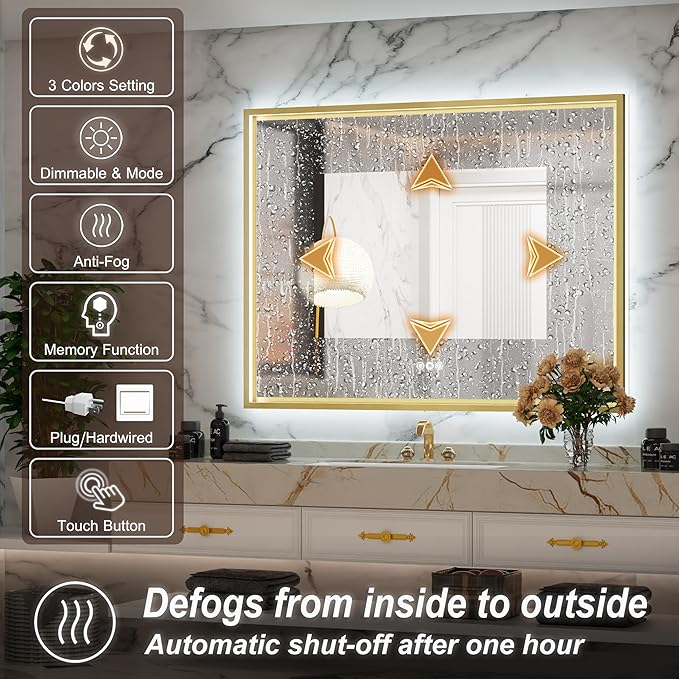 40x30 Inch Gold LED Bathroom Mirror with Front and Back Lights, Adjustable 3000K/4500K/6000K, Framed Lighted Bathroom Vanity Mirror, Dimmable, Anti-Fog, Horizontal/Vertical