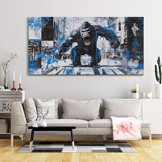 JEAWA Large Canvas Wall Art, Black and White Abstract Modern Picture Gorilla City Street Graffiti Animal Paintings for Living Room Bedroom Men Study Home Office Picture Wall Decor 29x58 IN