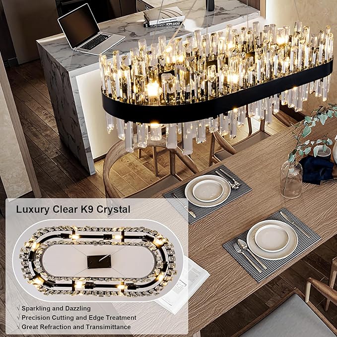 Chandelier for Dining Room, L35.4 Black Rectangle Crystal Chandelier Over Table, Modern 16-Light Large Crystal Chandeliers Ceiling Light, Pendant Light Fixture for Kitchen Island Living Room