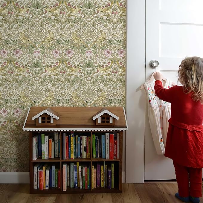 17.7x394 in White Peel and Stick Wallpaper Floral Wallpaper Flower/Strawberry/Bird Wallpaper Self Adhesive Contact Paper Removable Wall Paper for Living Room Dining Room Kitchen Decor