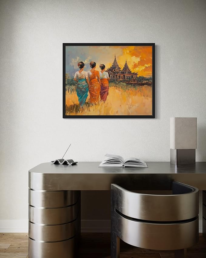 Myanmar Art Print Poster, Asia Oriental Countries Culture Wall Art Asian Paintings for Bedroom Bathroom Living Room Decor 97 (Myanmar, 24 x 36 inches, Black Frame)
