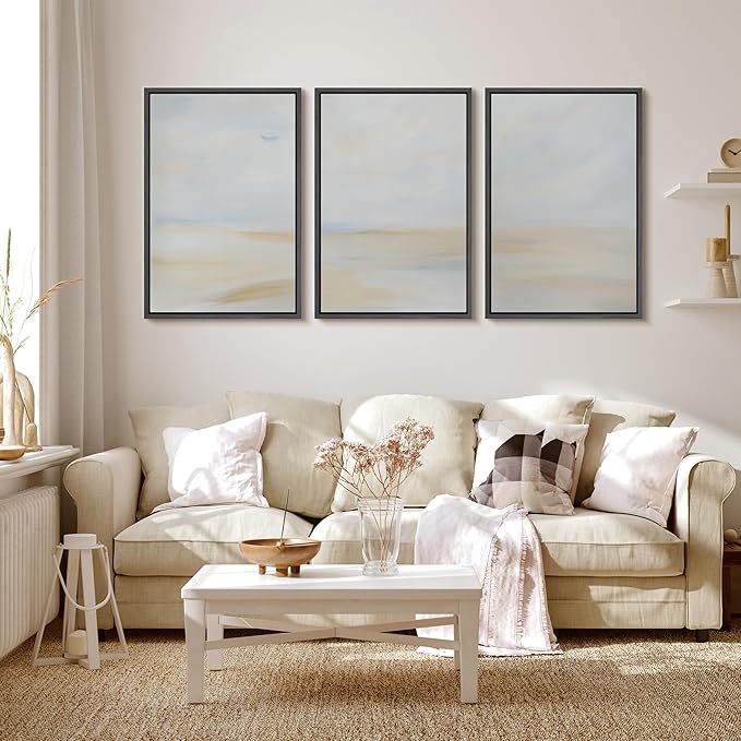 MUDECOR Framed Wall Art Print Set Minimalist Coastal Horizon in Soft Blue and Sand Colors Illustrations Modern Art Boho Decorative Chic for Living Room, Bedroom, Office - 24"x36"x3 Black