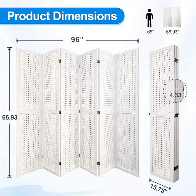 6 Panel Room Divider with Pegboard Display 5.6FT Wood PegBoard Room Dividers, Folding Privacy Screens Portable Freestanding Partition Wall Divider for Art Shows & Room Separation, White