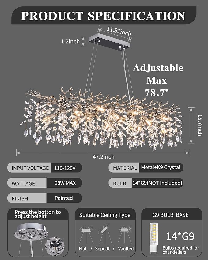 Modern Tree Branch Crystal Chandelier Luxury Silver Crystal Pendant Lighting 47.2" Contemporary 14-Light Chandeliers for Dining Room Kitchen Bedroom Living Room