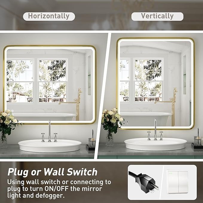 30x36 Inch LED Bathroom Mirror with Lights,Gold Metal Frame Lighted Vanity Mirror, Anti Fog Design&Dimmable&Touch Switch,Large Wall Mounted Mirror for Bathroom Decor (Horizontal&Vertical)
