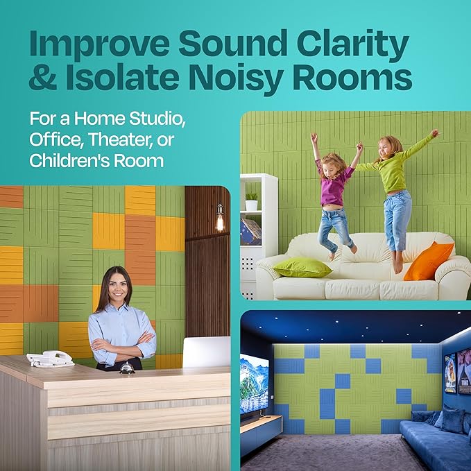 Acoustic Panels 12-Pack Soundproof Wall Panels 12"x12"x0.4" Decorative Sound Dampening for Your Home, Office, Studio, Bedroom & More with Unique LineWave Carving [Gin Green]