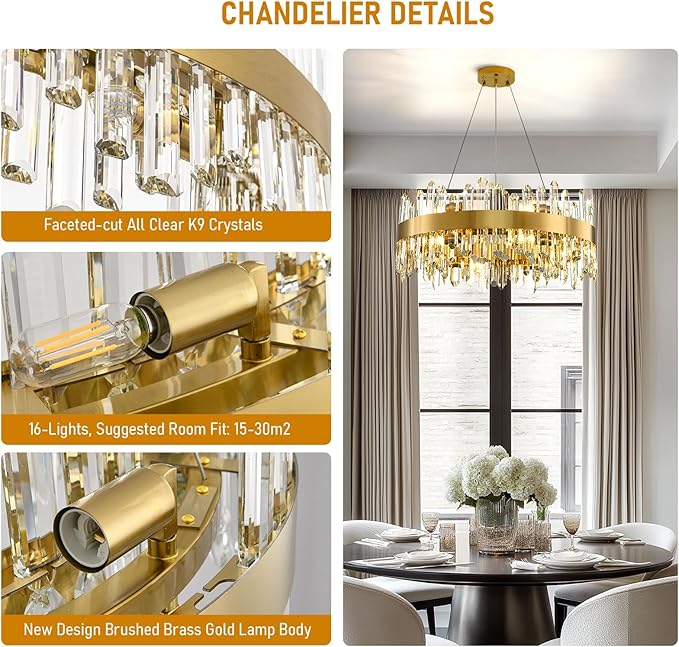 Modern Crystal Chandelier, 24in K9 Crystal Chandeliers for Dining Room, 12 Lights 2 Tier Dimmable Round Gold Chandelier, Adjustable Modern Chandeliers for Living Room, Bedroom, Bathroom, Kitchen Foyer