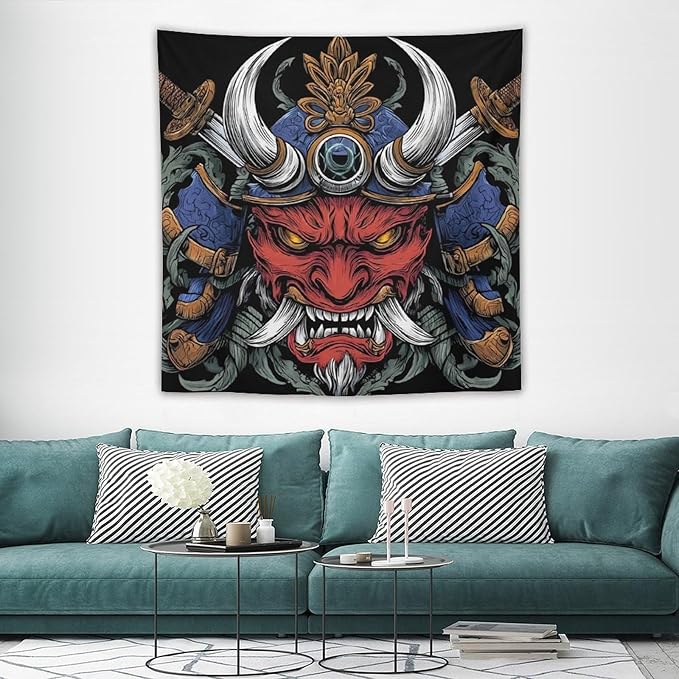 UUKXKUU Oriental Retro Mask Symmetry Samurai Tapestry Large Wall Art Backdrop Flag Wall Hanging Decor for Living Room Bedroom Dorm Office 60"×60"