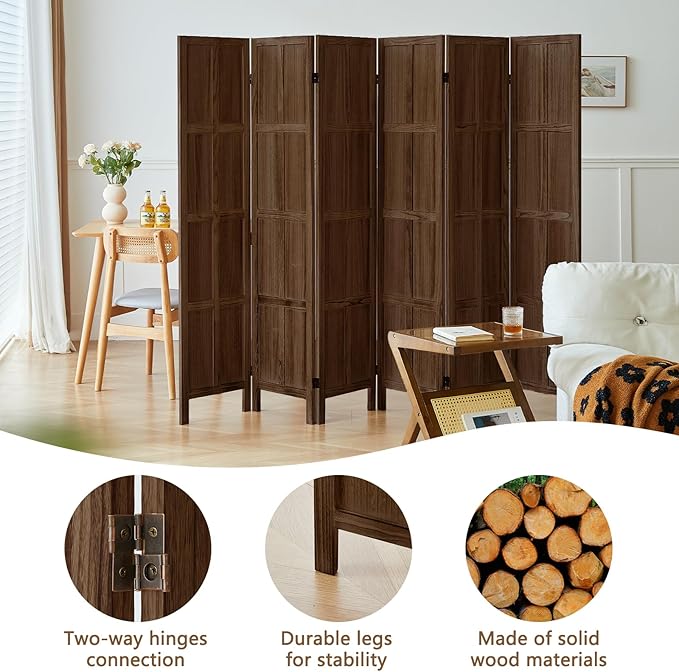 6 Panel Room Divider, 5.6Ft Wood Room Dividers and Folding Privacy Screens, Room Divider Wall Freestanding Room Partitions, Room Dividers Screen for Home Office Restaurant Bedroom, Dark Brown