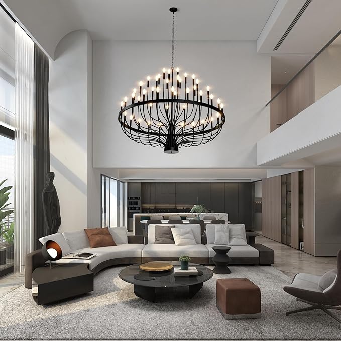 60" Extra Large Chandelier, 48-Light Black Foyer Chandeliers for High Ceilings, Modern Farmhouse Light Fixtures for Dining Room Kitchen Island, E12 Vintage Rustic Industrial Candle Chandeliers