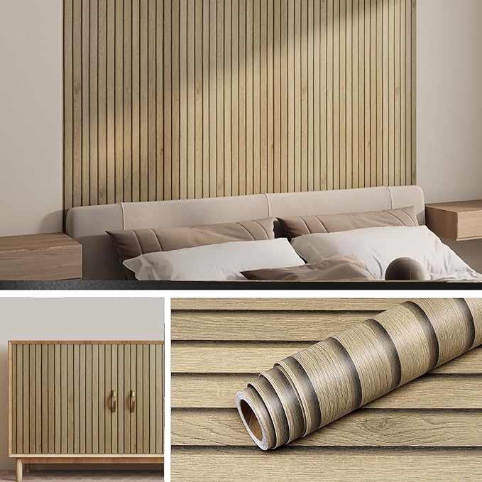 Livelynine Wood Wallpaper 24 X394 Inch Wood Peel and Stick Wall Paper Slatted Brown Vinyl Self Adhesive Contact Paper Decorative for Bedroom Kids Bathroom Door Sticky Slat Wall Paneling for Walls