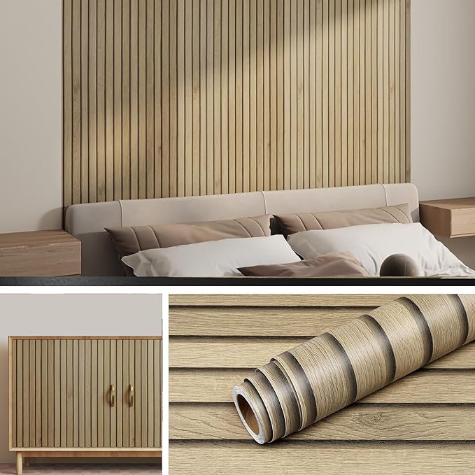 Livelynine Slats Wood Wallpaper Peel and Stick Removable Natural Wood Contact Paper Peel & Stick Accent Wall Vinyl Beadboard Paneling Faux Wood Slat Wall Panel Wallpaper for Bedroom Bathroom 15.8x78.8