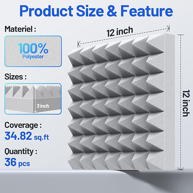 36 Pack Pyramid Sound Proof Foam Panels for Walls with Updated Self-Adhesive 3"X12"X12" High Density Acoustic Panels Sound Absorbing Fast-Expanding Soundproof Wall Panels for Gaming Studio Decor- Gray