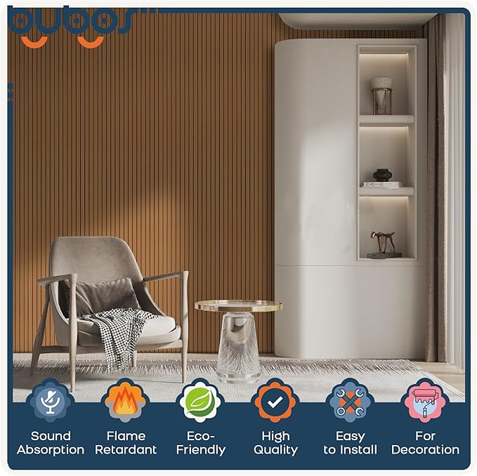 BUBOS 10 Pack Large Acoustic Panels, 48"X 12"X 0.4", Sound Proof Panels for Walls, Decorative, Self-Adhesive, 3D Slat (Brown 01)