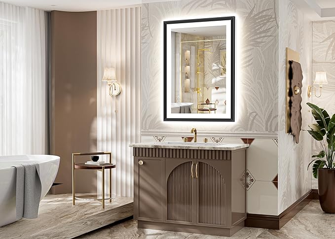 24x36 Black Framed Led Bathroom Mirror with Lights, Front Lit and Backlit, Lighted Vanity Mirror for Bathroom Wall, Anti-Fog, Dimmable, 3 Colors, Memory, HD Tempered Glass