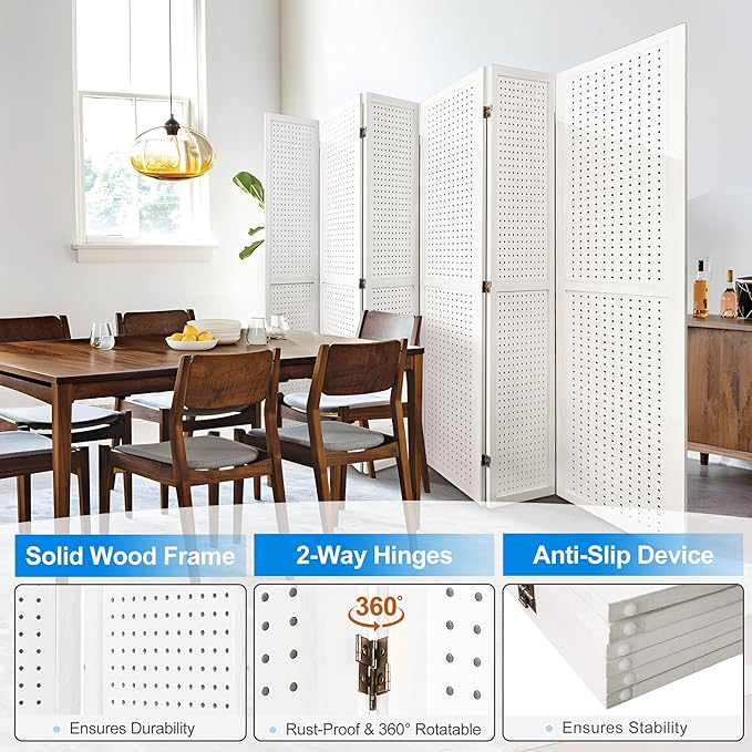 6 Panel Room Divider with Pegboard Display 5.6FT Wood PegBoard Room Dividers, Folding Privacy Screens Portable Freestanding Partition Wall Divider for Art Shows & Room Separation, White