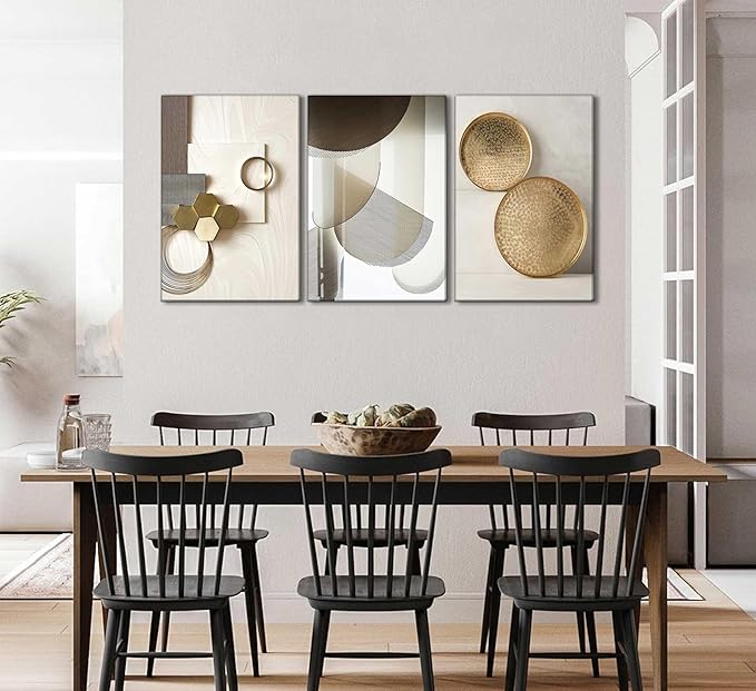 3 Pcs Abstract Gold Geometric Boho Canvas Wall Art Mid Century Modern Minimalist Aesthetic Luxury Metal Artwork Pictures Wall Decor Posters Prints for Living room Bedroom Office Home Decoration