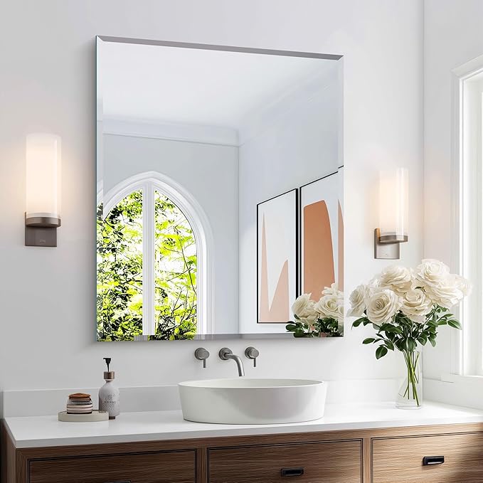 KOCUUY Beveled Mirror, 36x30 Inch Frameless Bathroom Mirror for Over Sink, Upgraded Shatterproof Beveled Unframed Design Mirror for Bathroom, Bedroom, Hang Horizontal/Vertical