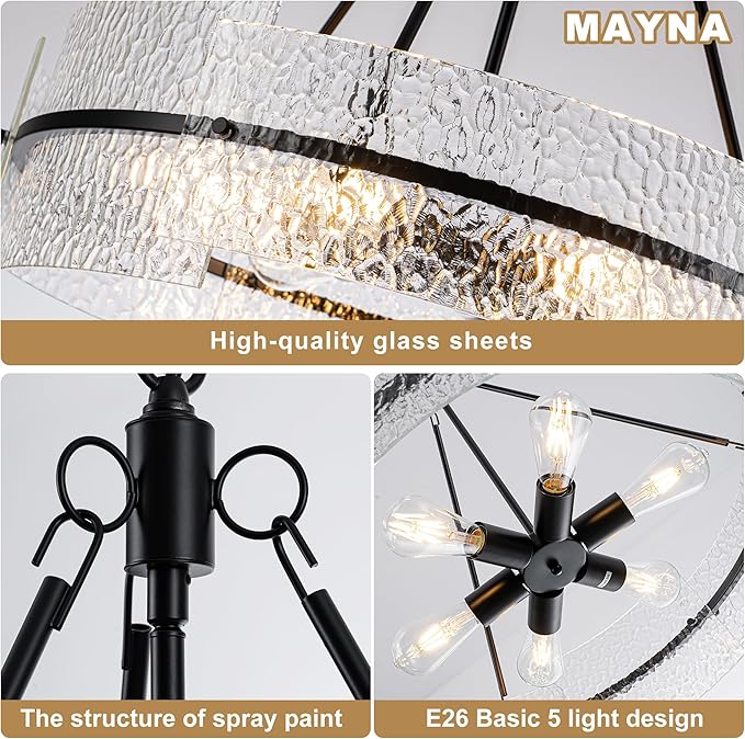 MAYNA Modern Dining Room Chandelier 25.6” Black Textured Glass Chandelier Luxury Drum Crystal Light Fixture Farmhouse Round Hanging Lighting for Dining Room Kitchen Island Living Room Hallway Bedroom