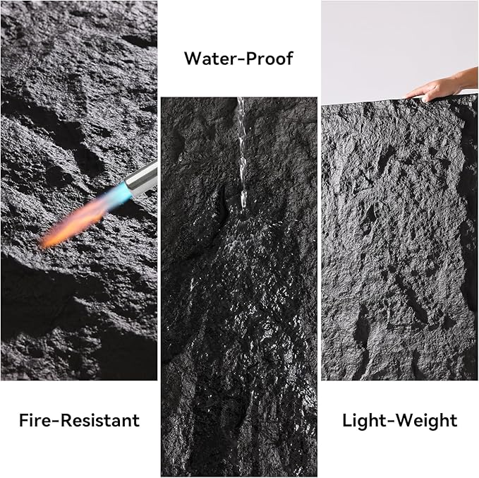 OUZUGIE 4 PCS Faux Stone Wall Panel 47.2’’ x 23.6’’ Interior Exterior Wall Decor 3D PU Panel with Lava Stone Design Black