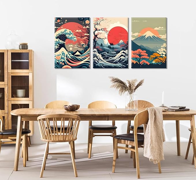 3Pcs Japanese Wall Art Japanese Fuji Wall Decor Asian Nature Landscape Posters Pictures Kanagawa Giant Wave Canvas Prints Cherry Blossom Lake Painting for Living Room Bedroom Office Framed