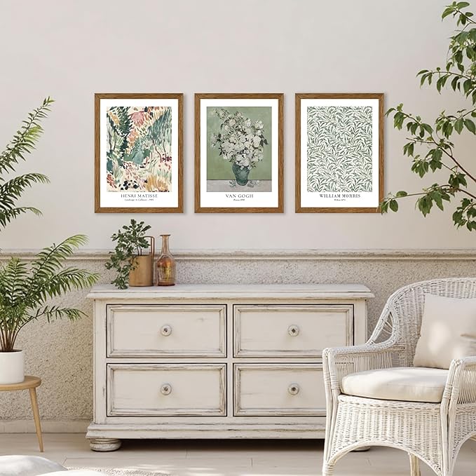 JLTULT 3 Piece Vintage Sage Green Canvas Wall Art, Monet Van Gogh Matisse Wall Decor, Botanical Painting Artwork Prints for Living Room Bedroom Home Office 12X16 inch Wood Framed Easy to Hang