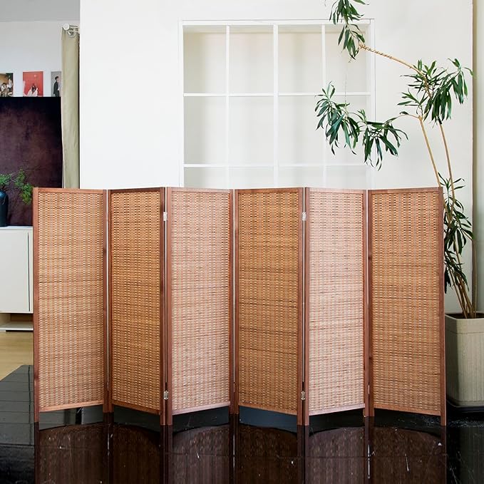 6 Panel Short Room Divider Folding Screen,47 inch Bamboo Panel Divider for Home Partition,Brown