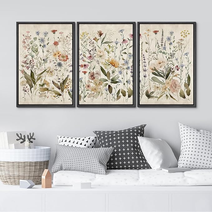 MUDECOR Framed Wall Art Print Set Blooming Wildflowers Illustrations Modern Art Decorative Colorful Chic for Living Room, Bedroom, Office - 16"x24"x3 Black