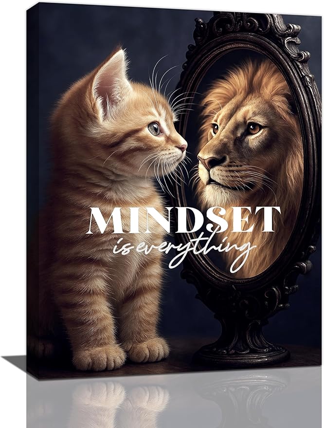 Motivational Lion And Cat Wall Art For Kids Mindset Is Everything Nursery Canvas Wall Decor Inspirational Pictures Paintings Prints Artwork Framed Decorations For Children's Room Bathroom Bedroom Living Room Office Gifts 12" x 16"