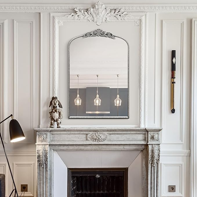 Micasso Vintage Traditional Silver Mirror: French Baroque Antique Mirror - Ornate Decorative Arched Mirrors for Wall/Bathroom/Entryway/Fireplace/Hallway - Home Decor for Living Room