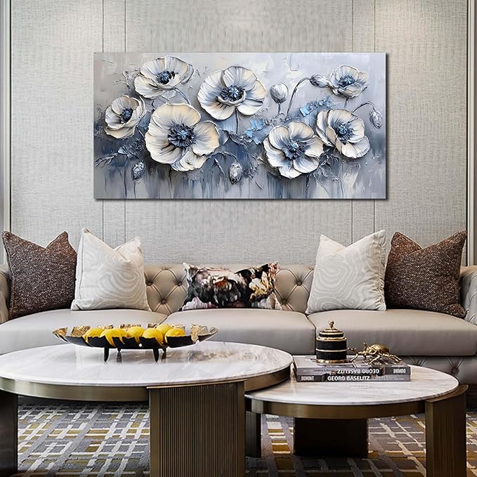 AOZEMI Large White Flower Canvas Wall Art for Living Room Bedroom Home Office Blue Picture Modern Floral Canvas Wall Decor Prints Artwork 24"x 48"
