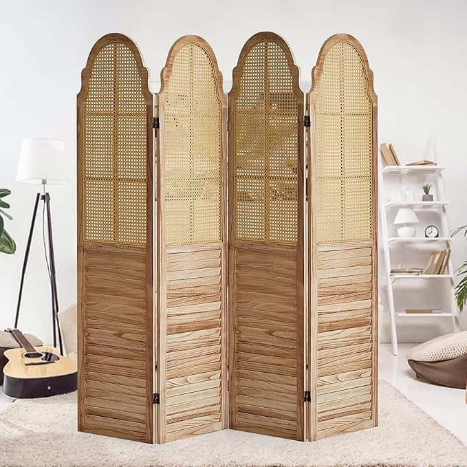 4 Panel Rattan Room Divider, 6 FT Tall Portable Partition Solid Wood Frame Folding Privacy Screen, Partition Room Divider Ideal for Bedroom Living Room Office, Light Brown
