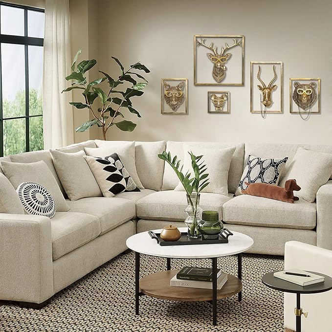 Newinhome Animal Heads Wall Decor (5pcs, Includes Metal Frame) Resin Animals Sculptures Head Wall Hanging Decoration Gold vintage Wall Sculpture for Living Room Bedroom Office