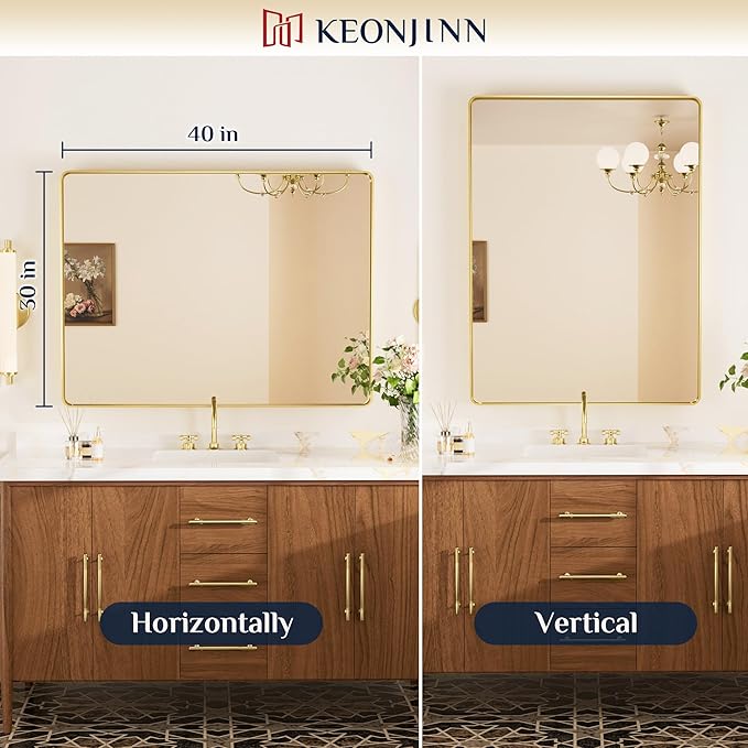 Keonjinn Gold Bathroom Mirrors for Over Sink, 40” x 30” Brushed Brass Mirror, Large Rounded Rectangle Gold Vanity Mirror with Metal Frame, HD Tempered Glass Modern Wall Mirror(Horizontal/Vertical)