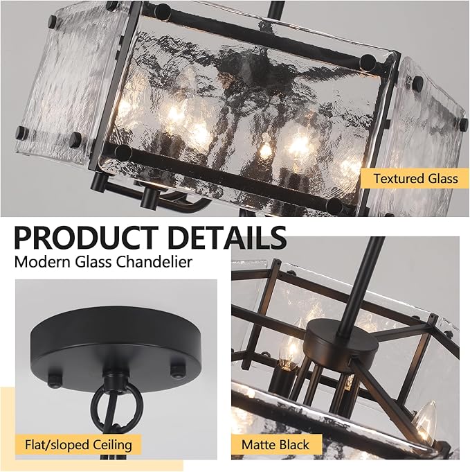 6-Light Black Glass Chandelier, 18.7" Modern Textured Glass Drum Chandelier for Dining Room, Farmhouse Round Hanging Light Fixture for Dining Room Kitchen Island Living Room Hallway Bedroom