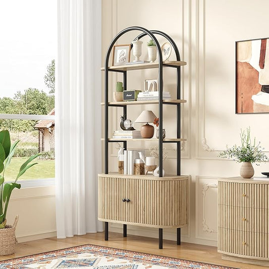71" Tall Bookshelf, Bookcase, 4-Tier Book Shelf with Storage Cabinet, Curved Metal Frame Bookcase, Freestanding Industrial Storage Display Shelving for Living Room Office Bedroom, Natural