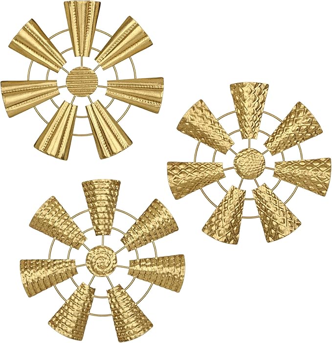 Briful 12" Wall Décor Pack of 3 Metal Gold Windmill Radial Plate Wall Art Modern Accent Hanging Wall Decorations For Home Office Living Room Wall Sculptures