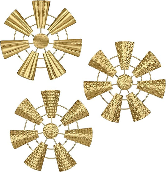 Briful 12" Wall Décor Pack of 3 Metal Gold Windmill Radial Plate Wall Art Modern Accent Hanging Wall Decorations For Home Office Living Room Wall Sculptures