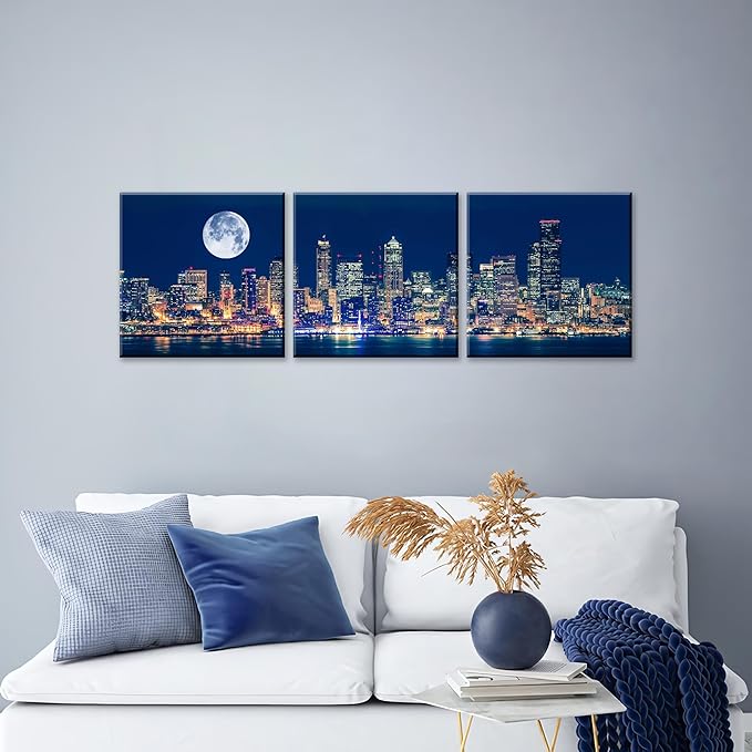 NAN Wind Panoramic Seattle Skyline Night Canvas Art Full Moon Over City Wall Decor 3 Panel Modern Urban Cityscape Print Blue Harbor Illuminated Skyscrapers Living Room Office Bedroom Home Decoration