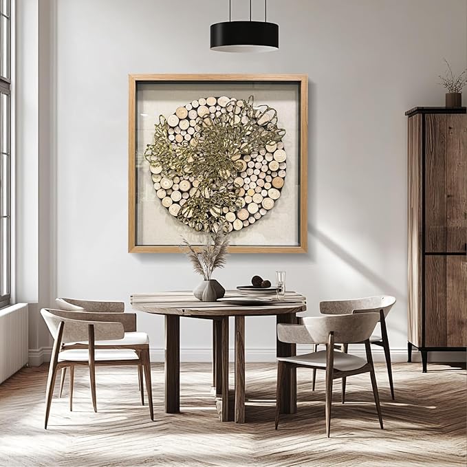 BrightA 3D Textured Wood Block Wall Art - Hand-Assembled Timber Base with Golden Vine Metal Accents, Tempered Glass & Solid Wood Frame Contemporary Decorfor Living Room Office 59"x59"