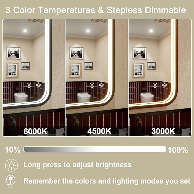 16x24 Inch Black Frame LED Bathroom Mirror with Lights, Adjustable 3000K/4500K/6000K, Wall Mounted Lighted Bathroom Vanity Mirrors, Anti-Fog, Dimmable, Memory Funtiom, Horizontal/Vertical