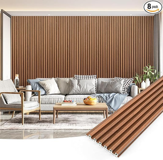 Art3dwallpanels Wood Slat Wall Paneling, 104'' x 6.7'' WPC Soundproof 3D Wall Panels for Interior Wall Decor, 8 Pack Fluted Textured Panel Wall Slats, Teak